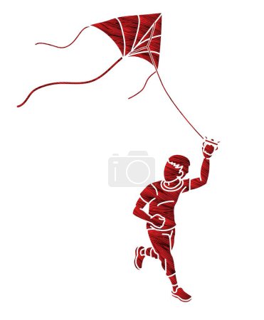 Illustration for A Boy Running Fly a Kite Child Playing Cartoon Graphic Vector - Royalty Free Image