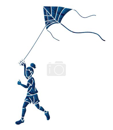 Illustration for A Girl Running Fly a Kite Child Playing Cartoon Graphic Vector - Royalty Free Image