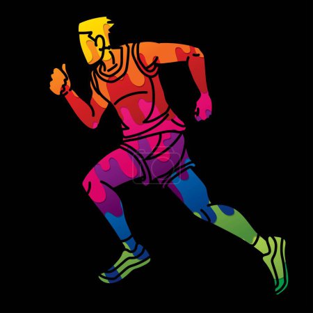 Téléchargez les illustrations : Un homme courant Action Marathon Coureur Homme Mouvement Cartoon Sport Graphic Vector - en licence libre de droit