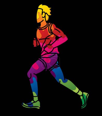 Téléchargez les illustrations : Un homme courant Action Marathon Coureur Homme Mouvement Cartoon Sport Graphic Vector - en licence libre de droit