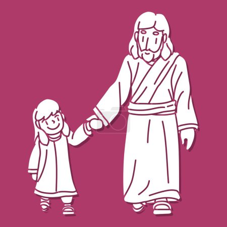 Illustration for Jesus Walked Holding the Hand of a Little Girl Filled with Warmth Love and Peace Follow Jesus Cartoon Graphic Vector - Royalty Free Image