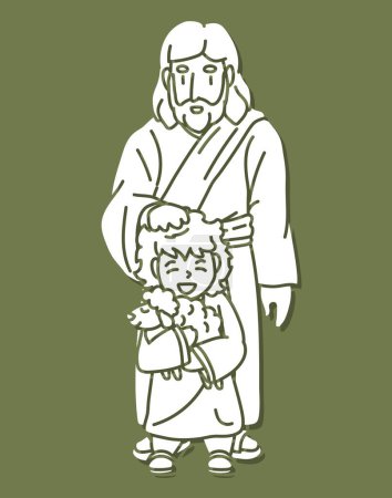 Illustration for Jesus Places His Hands on His Head and Blesses the Shepherd Boy Holding a Lamb Cartoon Graphic Vector - Royalty Free Image
