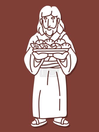 Téléchargez les illustrations : Jésus tient cinq pains et deux poissons dessin animé vecteur graphique - en licence libre de droit