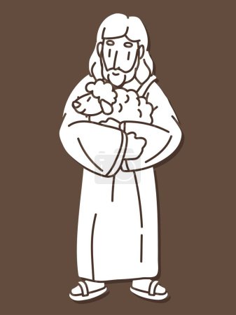 Ilustración de Jesús lleva un cordero abrazado en un abrazo Es un buen pastor Vector gráfico de dibujos animados - Imagen libre de derechos
