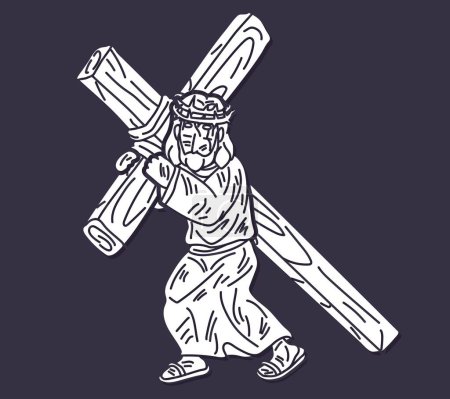 Illustration for Jesus Carries the Cross with Crown of Thorns and Blood Cartoon Graphic Vector - Royalty Free Image