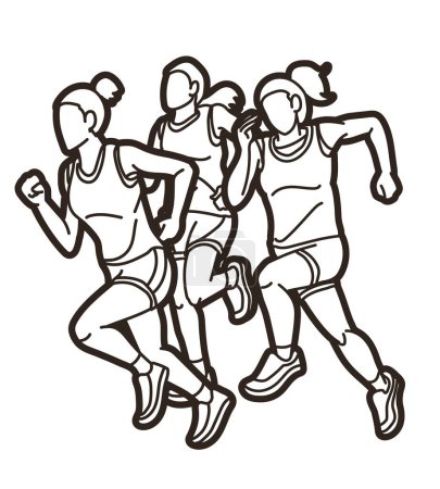 Téléchargez les illustrations : Groupe de Femmes Commencez Coureur Action Jogging Ensemble Cartoon Sport Graphic Vector - en licence libre de droit