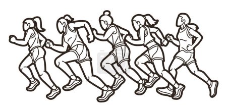 Ilustración de Grupo de mujeres comienzan a correr Runner Acción Jogging Together Cartoon Sport Vector gráfico - Imagen libre de derechos