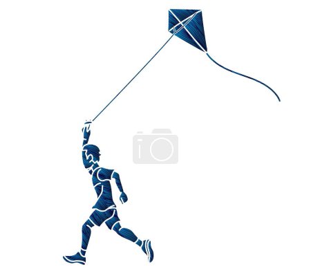 Illustration for A Boy Running with a Kite Child Playing Cartoon Graphic Vector - Royalty Free Image