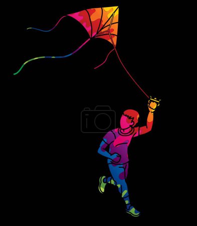 A Boy Running with a Kite Child Playing Cartoon Graphic Vector