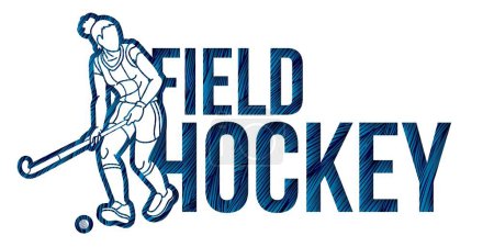 Illustration for Field Hockey Female Player Action with Font Design Cartoon Sport Graphic Vector - Royalty Free Image