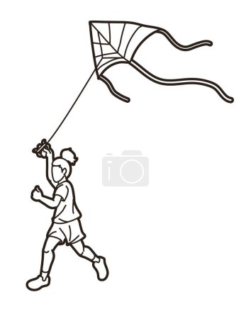 A Girl Running Fly a Kite Child Playing Cartoon Sport Graphic Vector