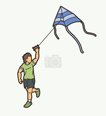 A Boy Running Fly a Kite Child Playing Cartoon Sport Graphic Vector