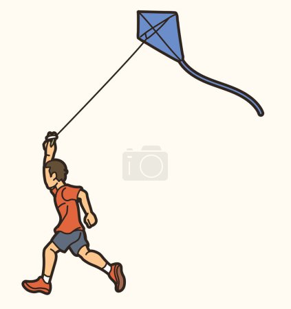 Ilustración de Un chico corriendo volar un niño cometa jugando dibujos animados deporte gráfico vector - Imagen libre de derechos