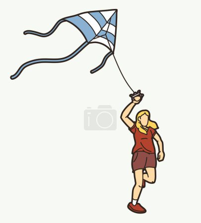 A Girl Running Fly a Kite Child Playing Cartoon Sport Graphic Vector
