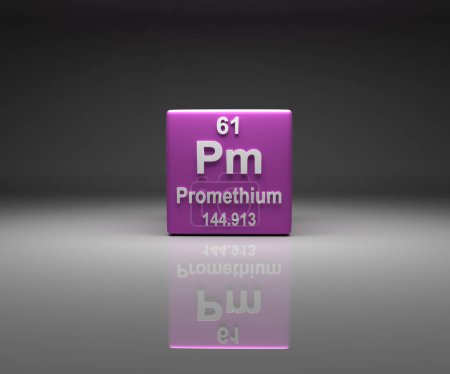 Foto de Cubo con Prometio número 61 tabla periódica, 3d renderizado - Imagen libre de derechos