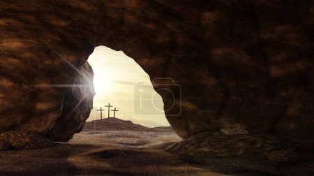 Shroud in empty tomb, resurrection of Jesus Christ, crucifixion, 3d rendering