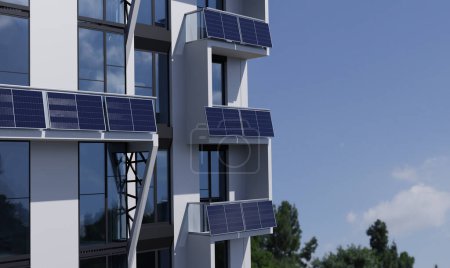 Centrale moderne de balcon sur une rampe, production d'énergie alternative, rendu 3d