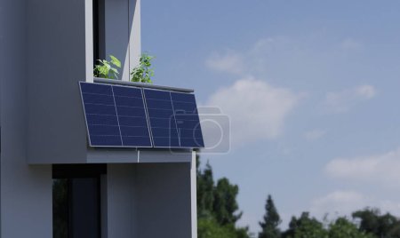 Moderna planta de energía de balcón en una barandilla, generación de energía alternativa, renderizado 3d