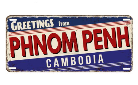 Téléchargez les illustrations : Salutations de Phnom Penh plaque métallique rouillée vintage sur fond blanc, illustration vectorielle - en licence libre de droit