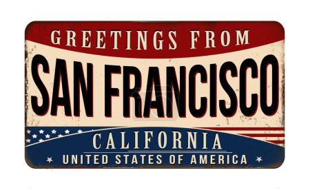 Téléchargez les illustrations : Salutations de San Francisco vintage métal rouillé signe sur un fond blanc, illustration vectorielle - en licence libre de droit