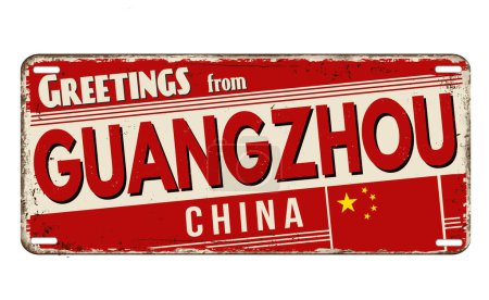 Ilustración de Saludos desde Guangzhou placa de metal oxidado vintage sobre un fondo blanco, ilustración vectorial - Imagen libre de derechos