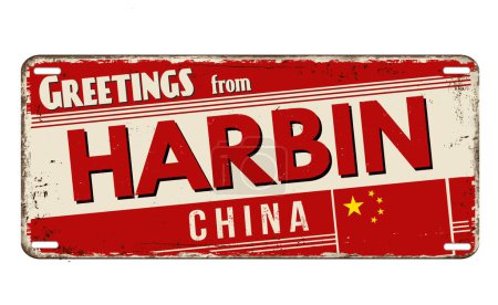 Illustration for Greetings from Harbin vintage rusty metal plate on a white background, vector illustration - Royalty Free Image