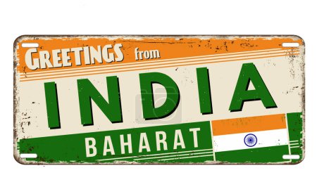 Illustration for Greetings from India vintage rusty metal plate on a white background, vector illustration - Royalty Free Image