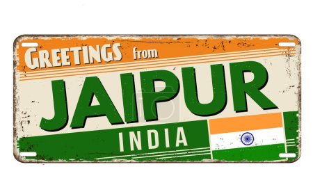 Téléchargez les illustrations : Salutations de Jaipur plaque métallique rouillée vintage sur fond blanc, illustration vectorielle - en licence libre de droit