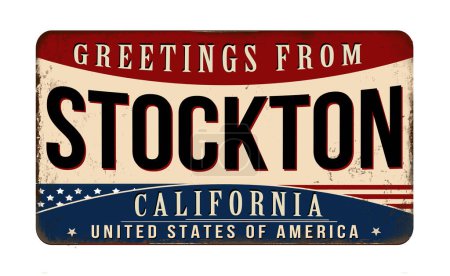 Téléchargez les photos : Salutations de Stockton vintage rouillé panneau métallique sur un fond blanc, illustration vectorielle - en image libre de droit