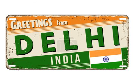 Téléchargez les illustrations : Salutations de Delhi plaque métallique rouillée vintage sur un fond blanc, illustration vectorielle - en licence libre de droit