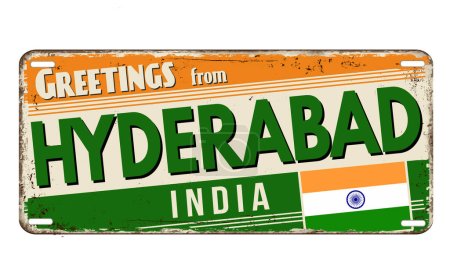 Téléchargez les illustrations : Greetings from Hyderabad vintage rusty metal plate on a white background, vector illustration - en licence libre de droit