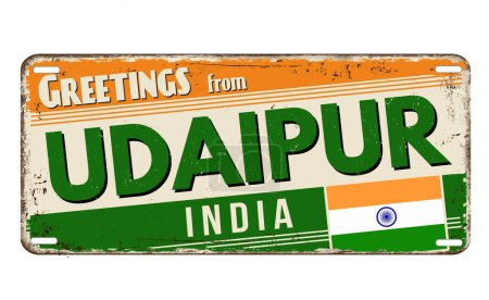 Illustration for Greetings from Udaipur vintage rusty metal plate on a white background, vector illustration - Royalty Free Image
