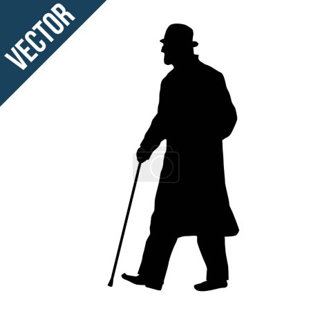Ilustración de Silueta de hombre viejo con palo sobre fondo blanco, ilustración vectorial - Imagen libre de derechos
