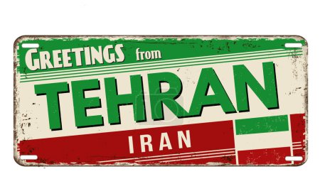 Téléchargez les illustrations : Greetings from Tehran vintage rusty metal plate on a white background, vector illustration - en licence libre de droit