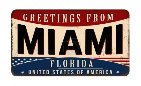Ilustración de Cartel metálico oxidado vintage de Miami sobre fondo blanco, ilustración vectorial - Imagen libre de derechos