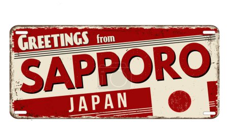 Téléchargez les illustrations : Salutations de Sapporo vintage rouillé panneau métallique sur un fond blanc, illustration vectorielle - en licence libre de droit