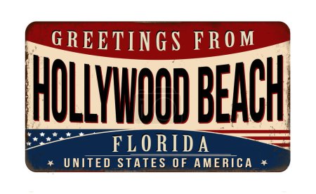 Téléchargez les illustrations : Salutations de Hollywood Beach vintage rouillé panneau métallique sur un fond blanc, illustration vectorielle - en licence libre de droit