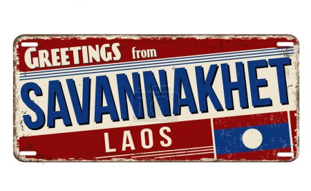 Téléchargez les illustrations : Salutations de Savannakhet vintage rouillé panneau métallique sur un fond blanc, illustration vectorielle - en licence libre de droit