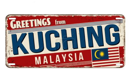 Ilustración de Cartel metálico oxidado vintage de Kuching sobre fondo blanco, ilustración vectorial - Imagen libre de derechos