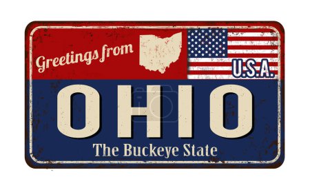 Salutations de Ohio vintage rouillé panneau métallique sur un fond blanc, illustration vectorielle
