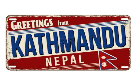 Téléchargez les illustrations : Salutations de Katmandou vintage rouillé panneau métallique sur un fond blanc, illustration vectorielle - en licence libre de droit