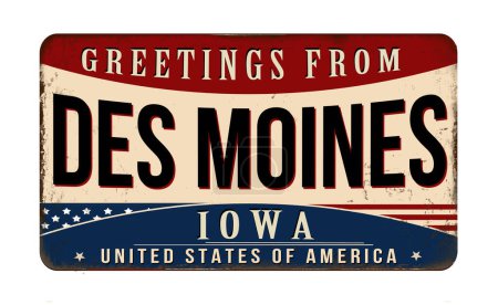 Téléchargez les photos : Salutations de Des Moines vintage métal rouillé signe sur un fond blanc, illustration vectorielle - en image libre de droit