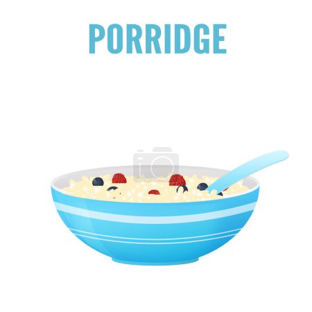 Téléchargez les illustrations : Bol de bouillie aux fruits pour le petit déjeuner sur fond blanc, illustration vectorielle - en licence libre de droit