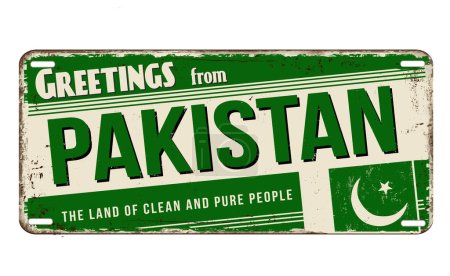 Téléchargez les illustrations : Salutations de Pakistan vintage en métal rouillé signe sur un fond blanc, illustration vectorielle - en licence libre de droit