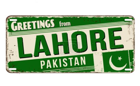 Téléchargez les illustrations : Salutations de Lahore vintage rouillé panneau métallique sur un fond blanc, illustration vectorielle - en licence libre de droit