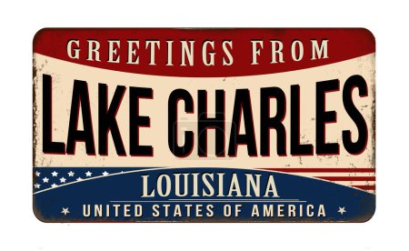 Téléchargez les illustrations : Salutations de Lake Charles vintage rouillé panneau métallique sur un fond blanc, illustration vectorielle - en licence libre de droit
