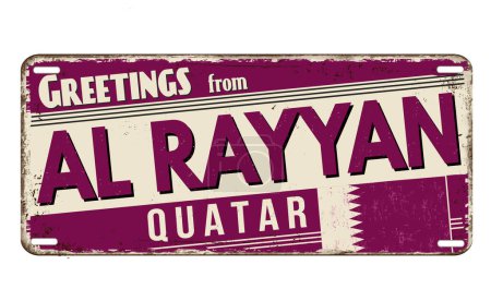 Téléchargez les illustrations : Salutations de Al Ryyan vintage rouillé panneau métallique sur un fond blanc, illustration vectorielle - en licence libre de droit