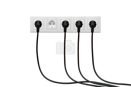 Photo for White five-way wall power socket on white background with four black plugs inserted, front view. - Royalty Free Image