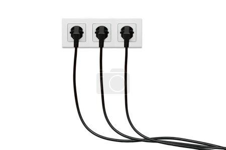 Photo for Triple white outlet on a white background with three black plugs inserted, front view. - Royalty Free Image