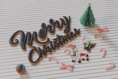 Photo for Image of sweet Christmas cookies and candy, chocolate merry Christmas text on a table top - Royalty Free Image